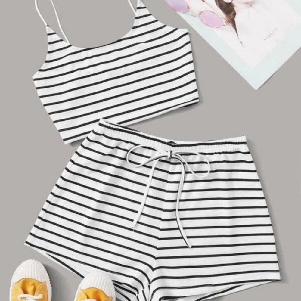NWT Striped Crop Cami Top & Tie Waist Shorts Set - Picture 1 of 10